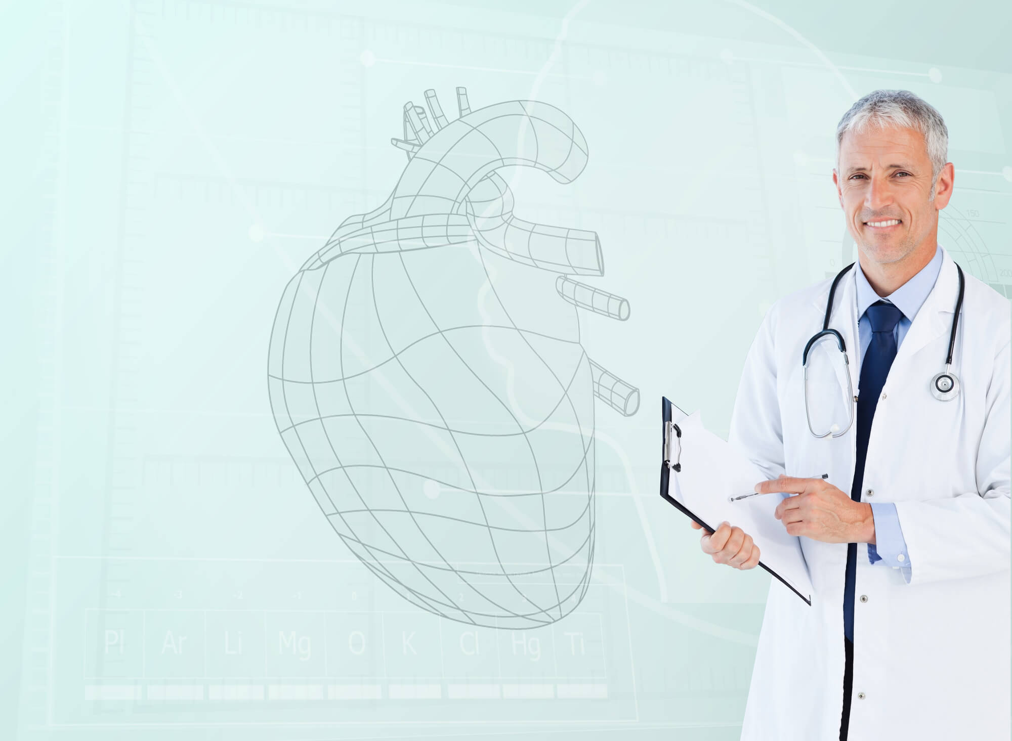 A doctor in a white lab coat holding a clipboard stands in front of a heart diagram.  Testosterone and CVD events are connected.